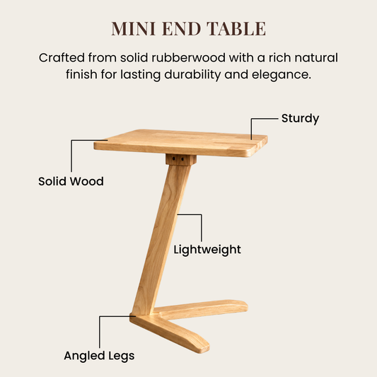 Solid Rubberwood Mini End Table | Compact Square Tabletop with Angled Legs
