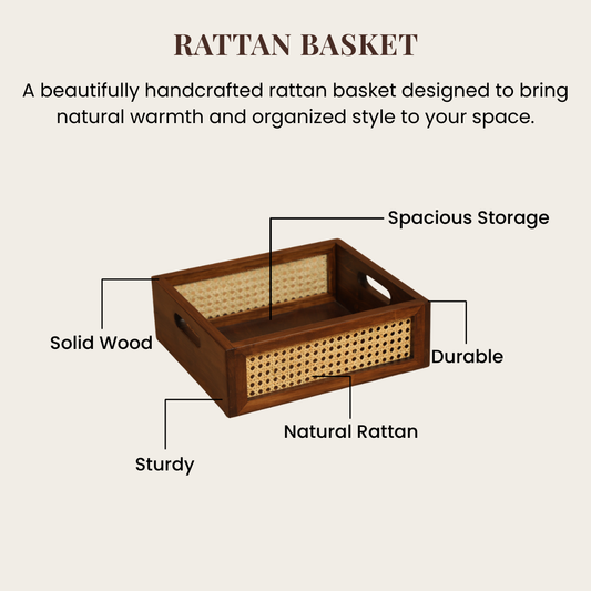 Solid Wood and Rattan Wicker Storage Basket