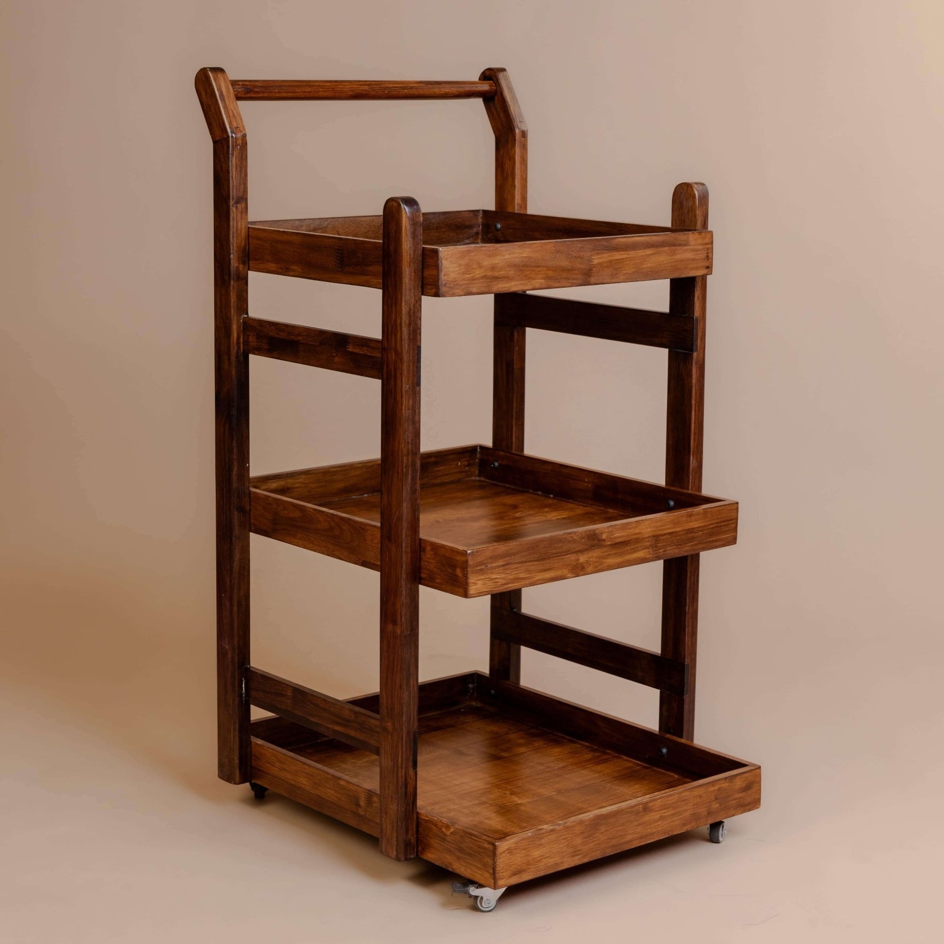 Solid Wood Rolling Utility Trolley: 3-Level Wooden Serving Trolley for Kitchen Organization - Walnut Finish - Wood Trendz