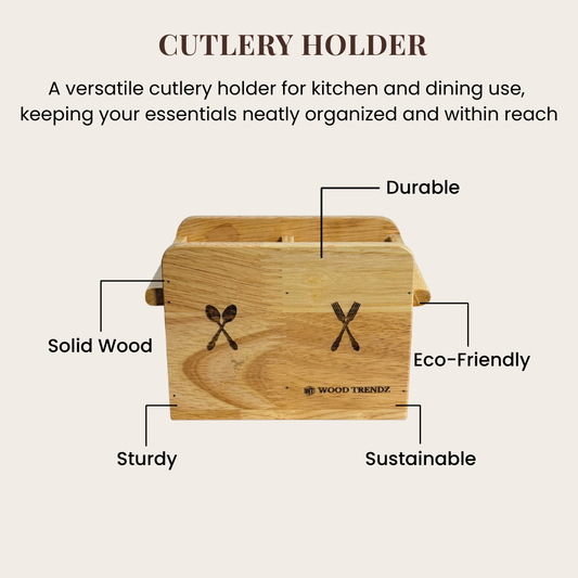 Wooden Cutlery Holder – Solid Rubberwood 2-Compartment Organizer
