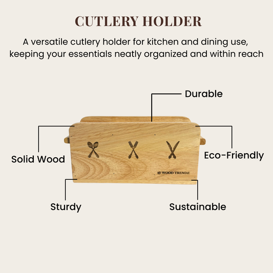 Wooden Cutlery Holder – 3-Compartment Solid Rubberwood Organizer