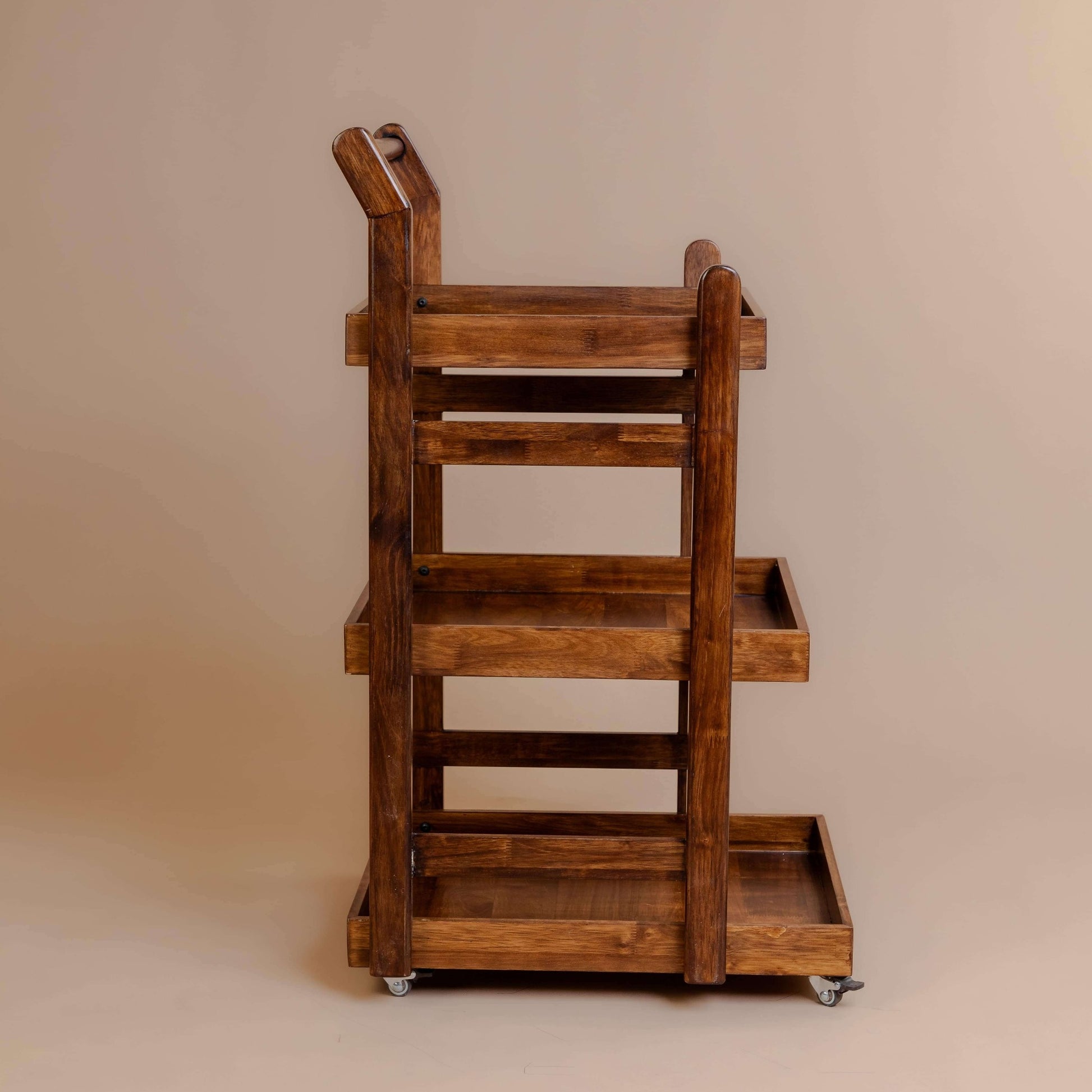 Solid Wood Rolling Utility Trolley: 3-Level Wooden Serving Trolley for Kitchen Organization - Walnut Finish - Wood Trendz