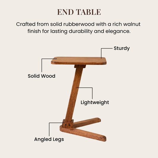 Solid Rubberwood End Table | Square Tabletop with Angled Legs