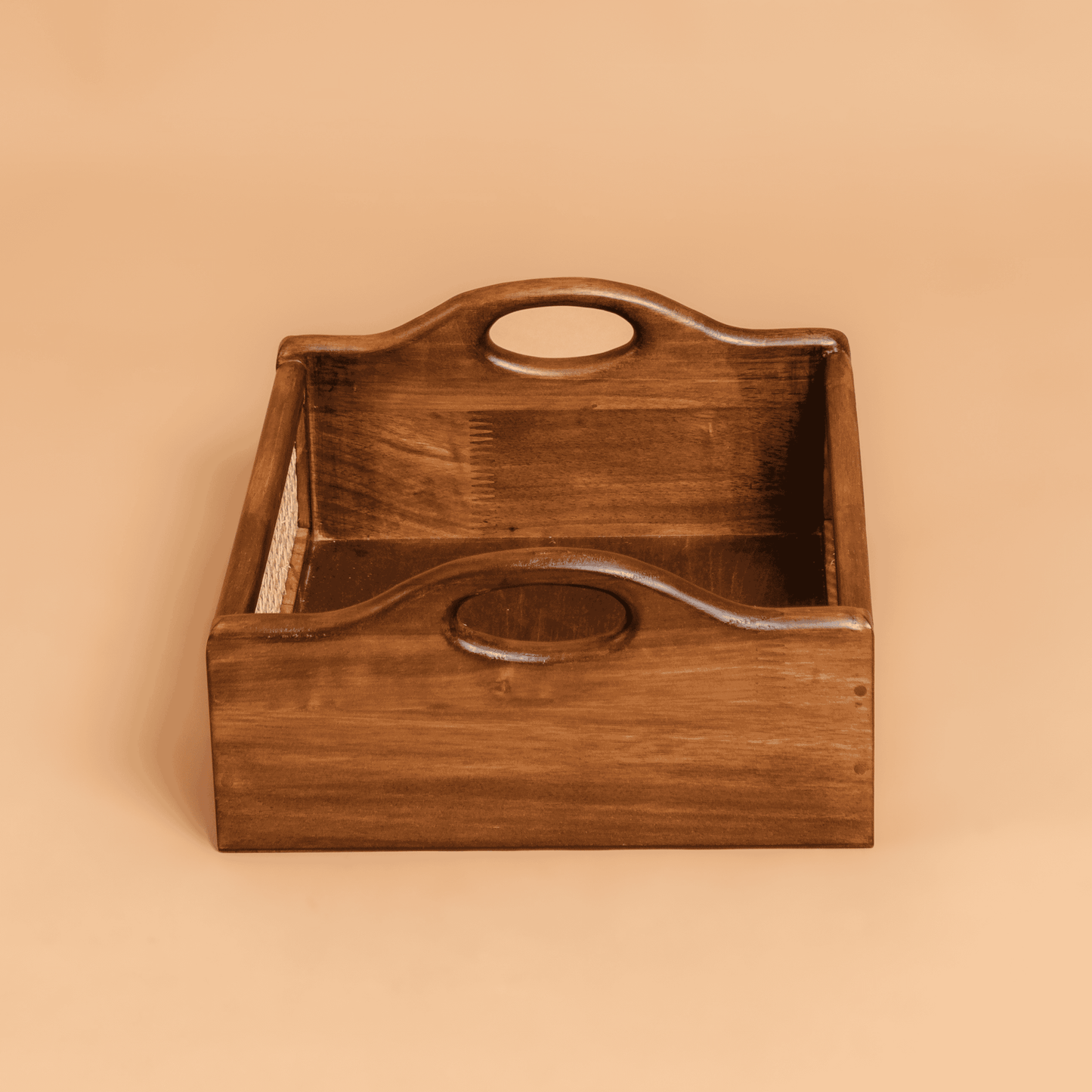 Solid Wood and Rattan Wicker Storage Basket with Round Handle - Walnut