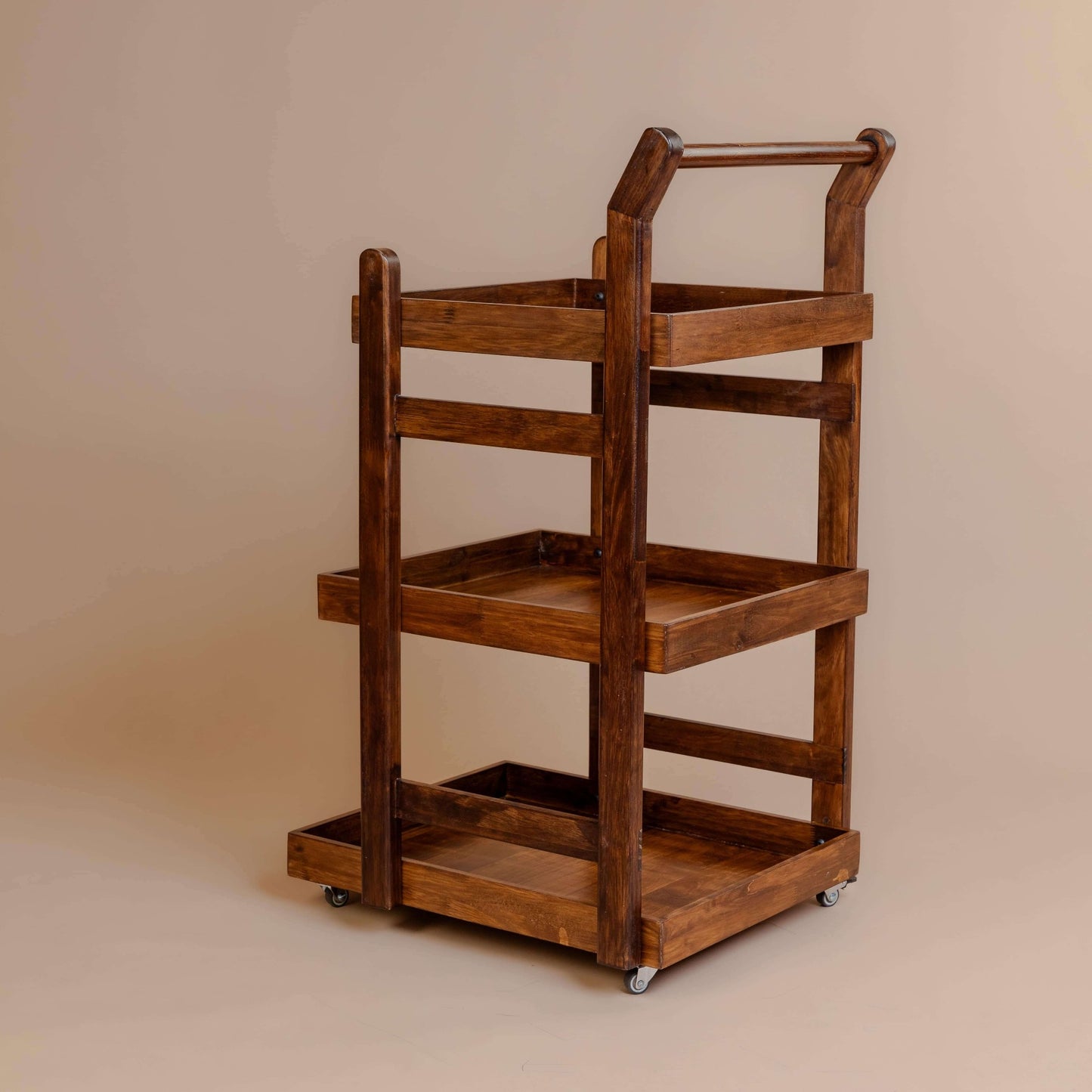 Solid Wood Rolling Utility Trolley: 3-Level Wooden Serving Trolley for Kitchen Organization - Walnut Finish - Wood Trendz