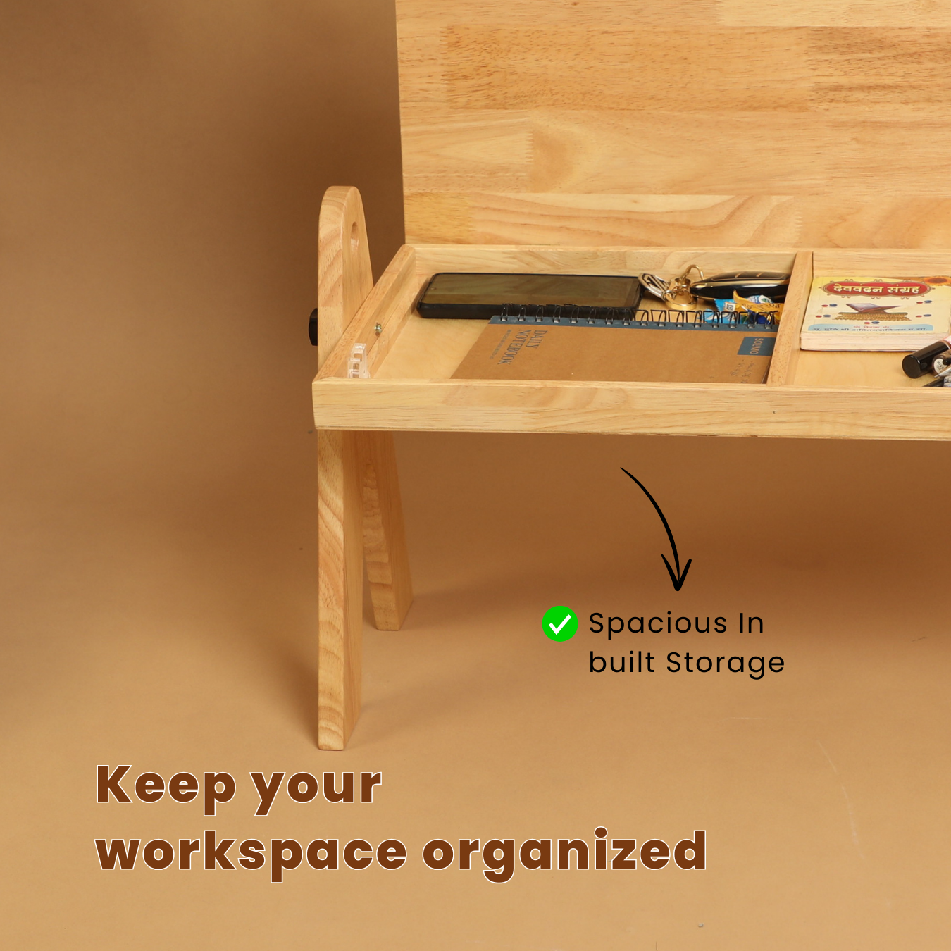 FlexiDesk - Foldable Laptop Table | Solid Wood & Adjustable with storage - Natural Finish - Wood Trendz
