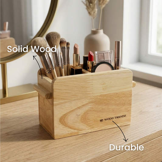 Wooden Cutlery Holder – Solid Rubberwood 2-Compartment Organizer