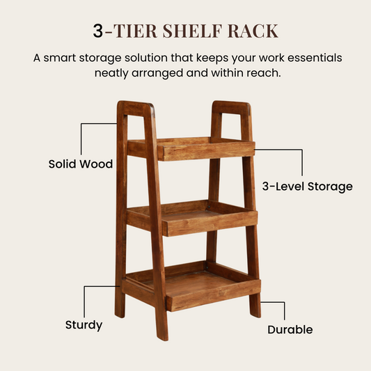 Solid Wood 3-Tier Shelf Rack - Wooden Corner Shelf