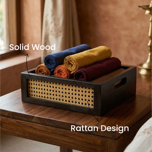 Solid Wood and Rattan Wicker Storage Basket