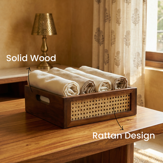 Solid Wood and Rattan Wicker Storage Basket