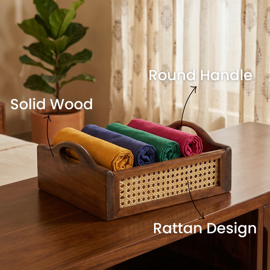 Solid Wood and Rattan Wicker Storage Basket with Round Handle - Walnut