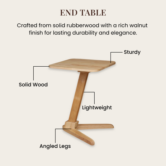 Solid Rubberwood End Table | Square Tabletop with Angled Legs