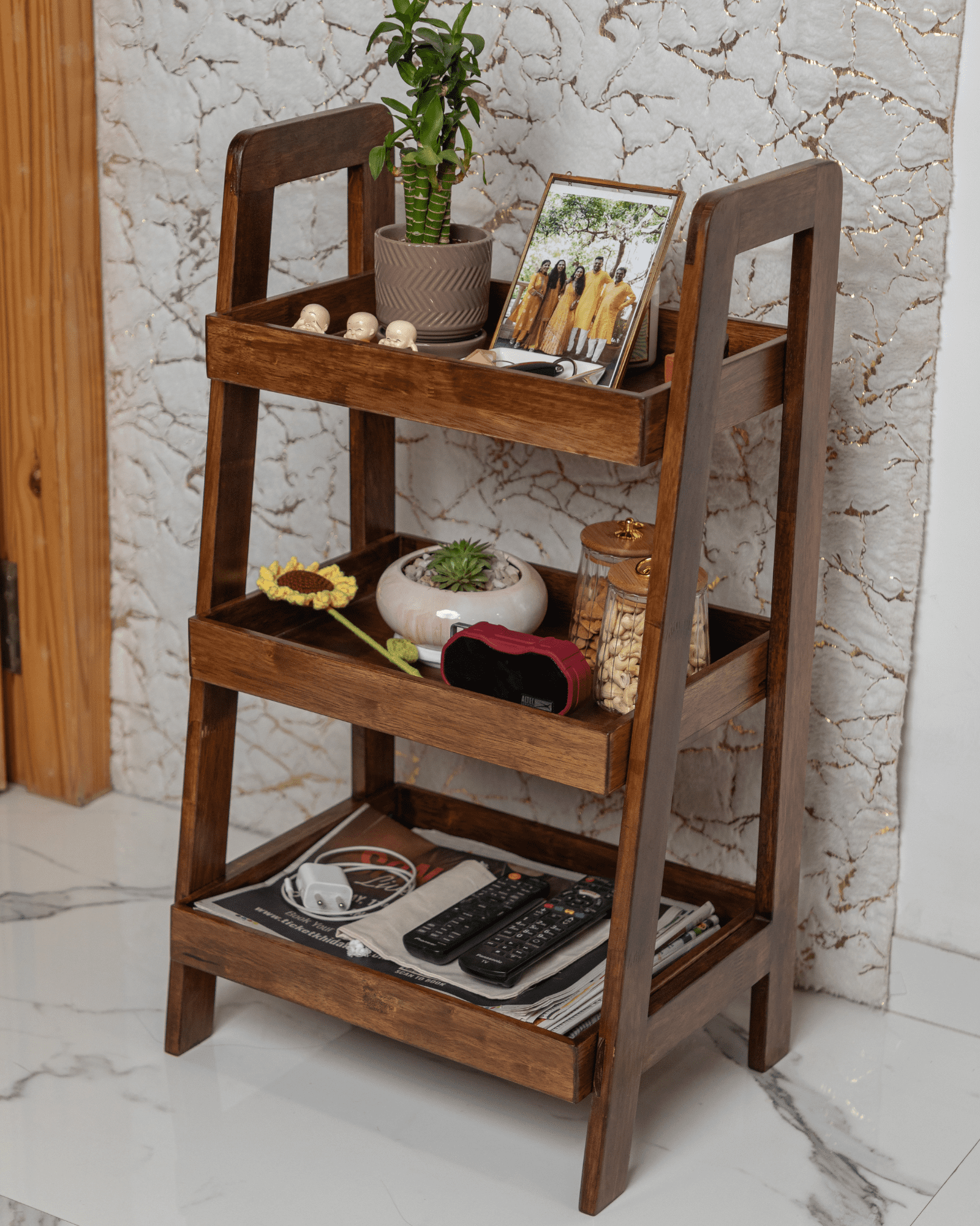 Solid Wood 3-Tier Shelf Rack - Walnut - Wood Trendz
