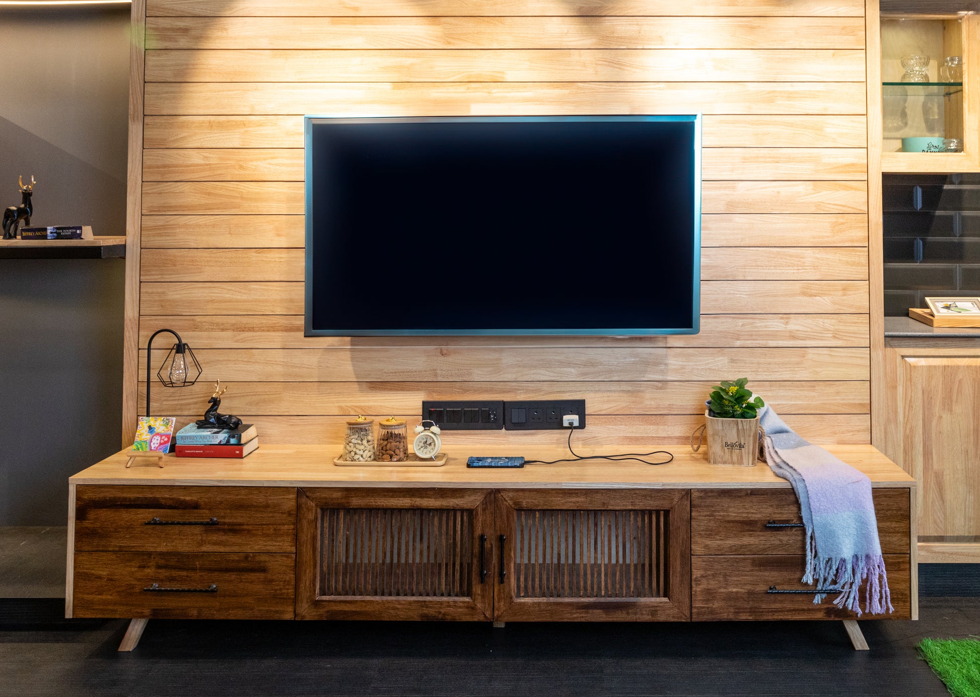 Solid Wood TV Unit with Storage Drawers - Knockdown & Portable Entertainment Center - Wood Trendz
