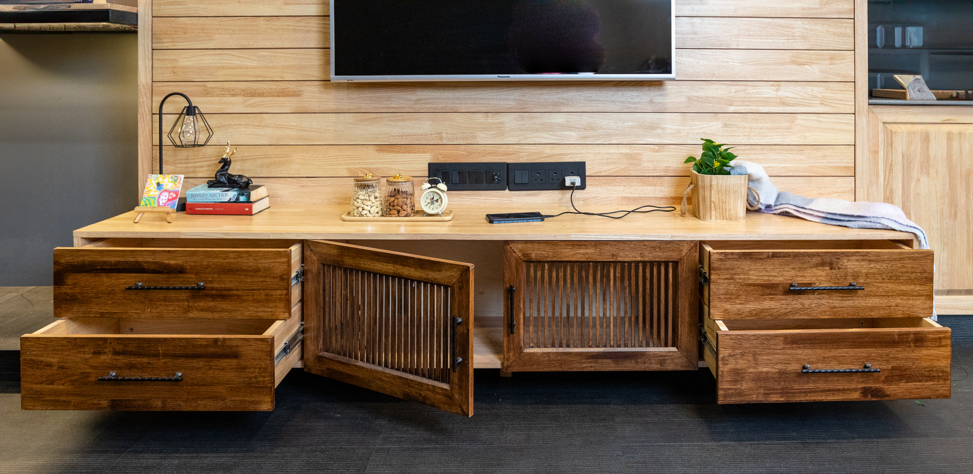 Solid Wood TV Unit with Storage Drawers - Knockdown & Portable Entertainment Center - Wood Trendz