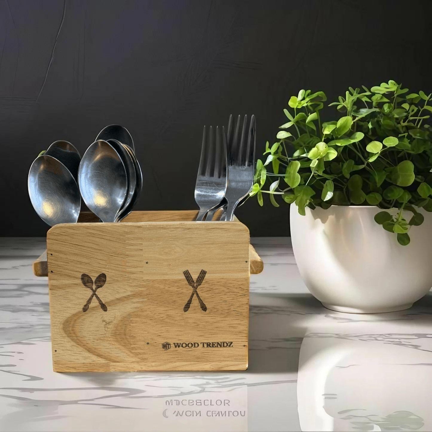 Wooden Cutlery Holder – Solid Rubberwood 2-Compartment Organizer