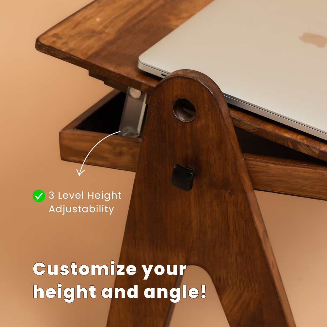 FlexiDesk - Foldable Laptop Table | Solid Wood & 3 level height adjustable laptop table with storage