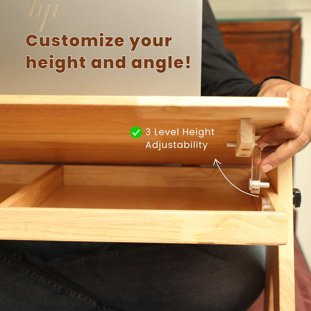 FlexiDesk - Foldable Laptop Table | Solid Wood & Adjustable with storage - Natural Finish - Wood Trendz
