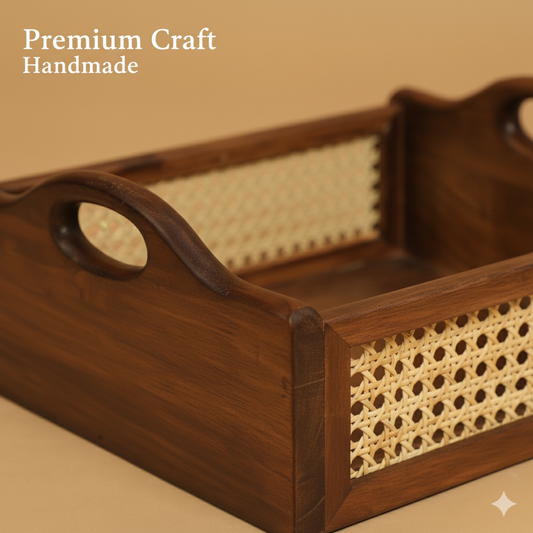 Solid Wood and Rattan Wicker Storage Basket with Round Handle - Walnut