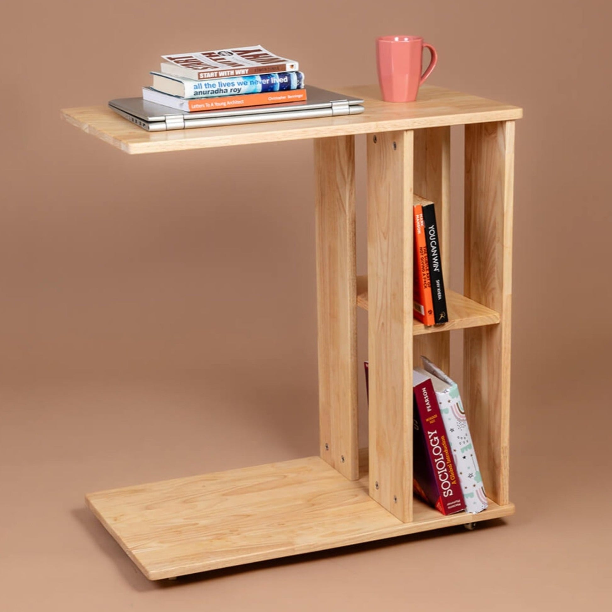 Rover Desk: C-Shaped Portable Solid Wood Side Table with Wheels - Natural - Wood Trendz