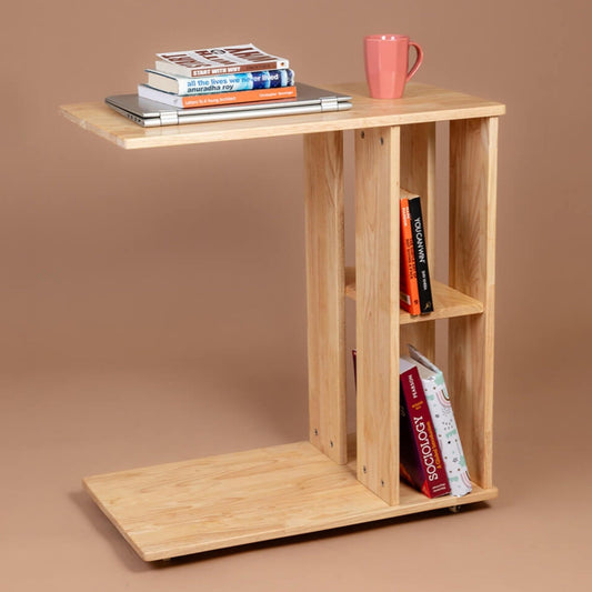 Rover Desk: C-Shaped Portable Solid Wood Side Table with Wheels - Natural - Wood Trendz