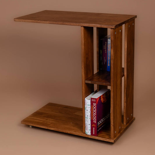 Rover Desk: C-Shaped Portable Solid Wood Side Table with Wheels - Walnut - Wood Trendz