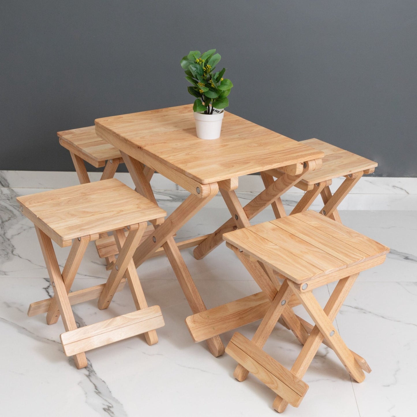Picnic Set: Compact Companion Table & 4 Compact Wood Stools - Wood Trendz