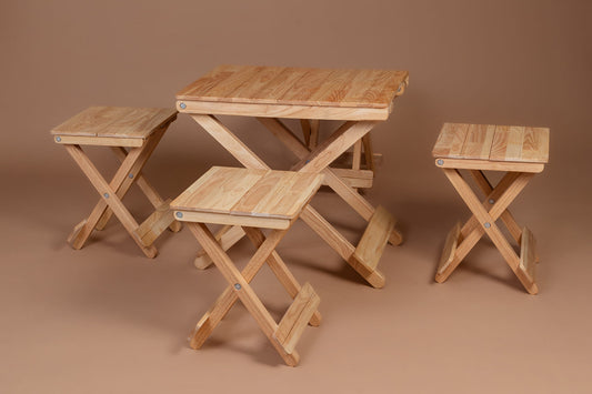 Picnic Set: Compact Companion Table & 4 Compact Wood Stools - Wood Trendz