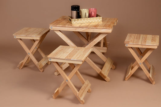 Picnic Set: Compact Companion Table & 4 Compact Wood Stools - Wood Trendz