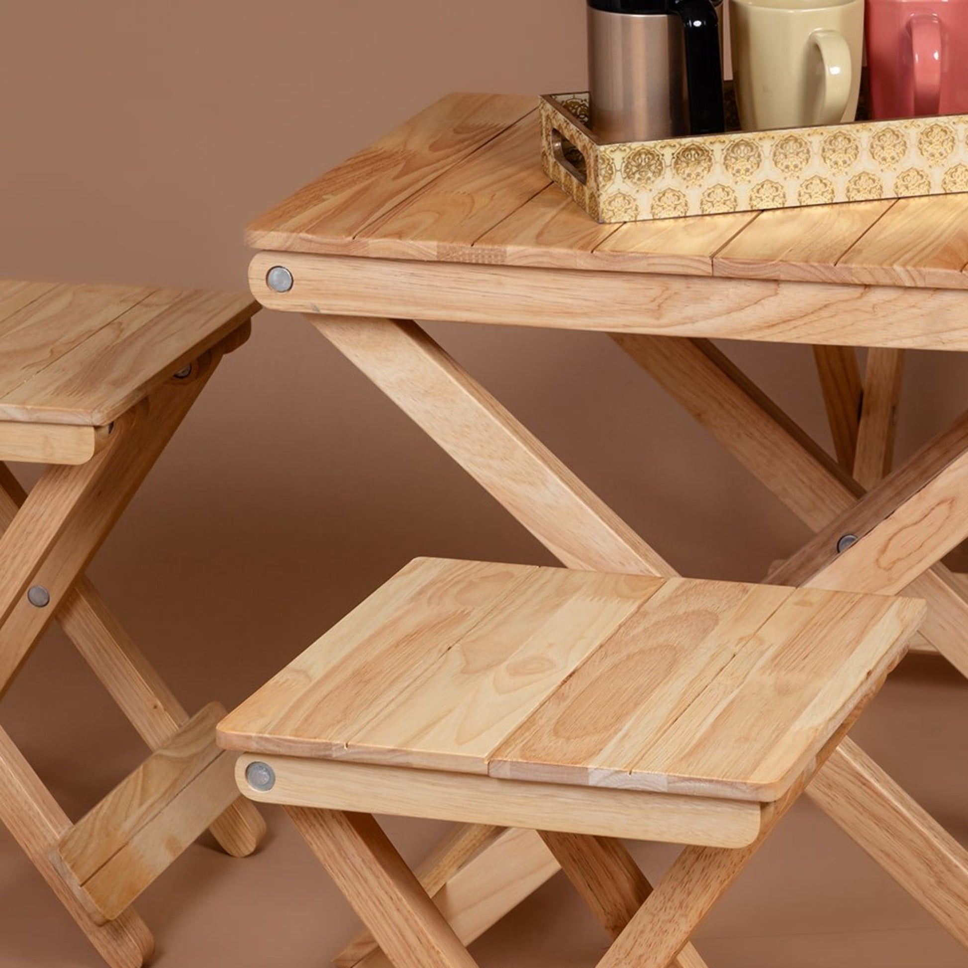 Picnic Set: Compact Companion Table & 4 Compact Wood Stools - Wood Trendz