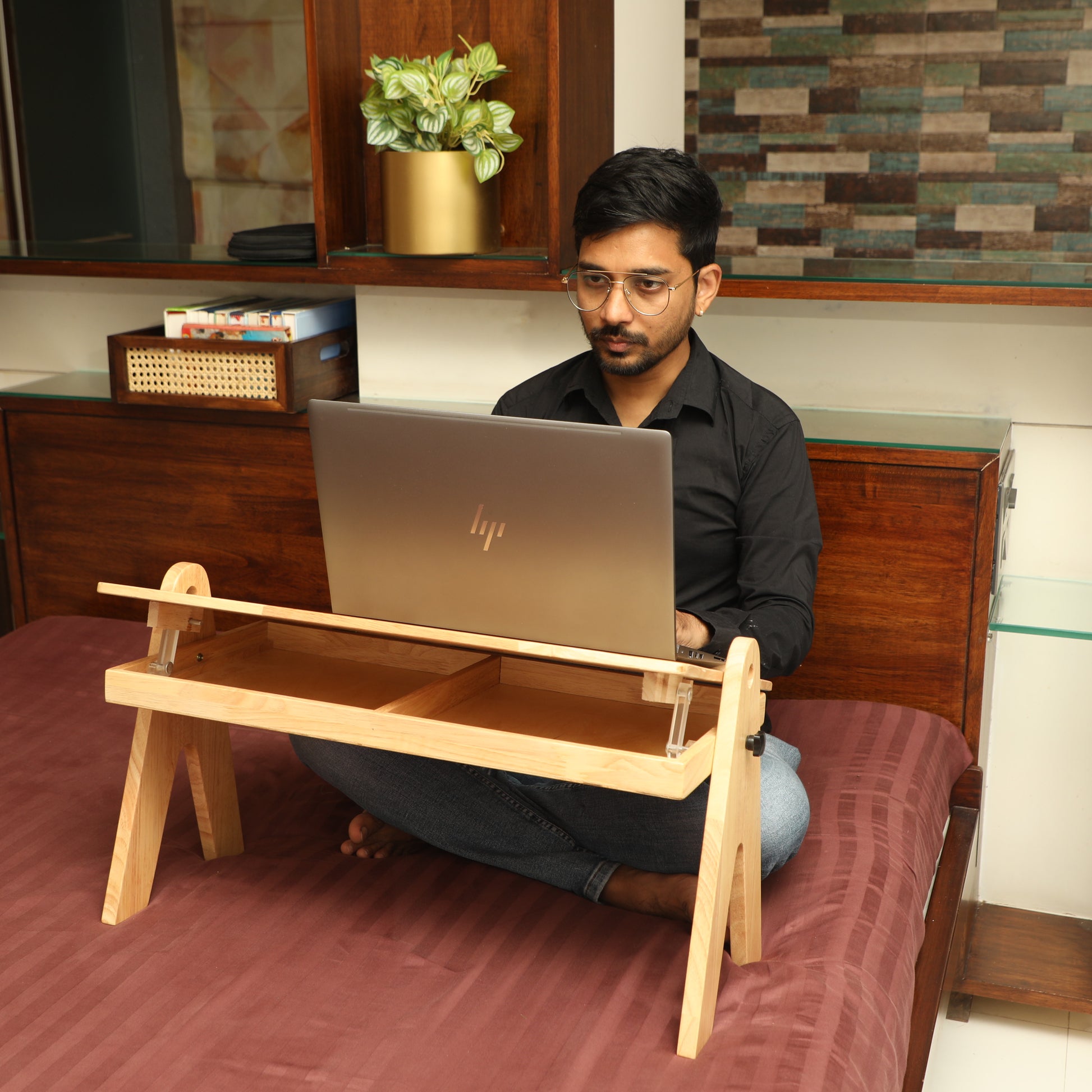 FlexiDesk - Foldable Laptop Table | Solid Wood & Adjustable with storage - Natural Finish - Wood Trendz