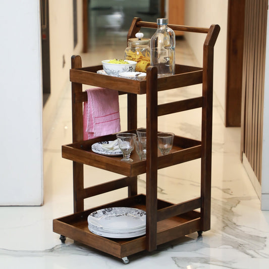 Solid Wood Rolling Utility Trolley: 3-Level Wooden Serving Trolley for Kitchen Organization - Walnut Finish - Wood Trendz