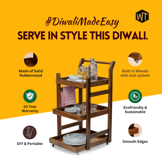 Solid Wood Rolling Utility Trolley: 3-Level Wooden Serving Trolley for Kitchen Organization - Walnut Finish - Wood Trendz