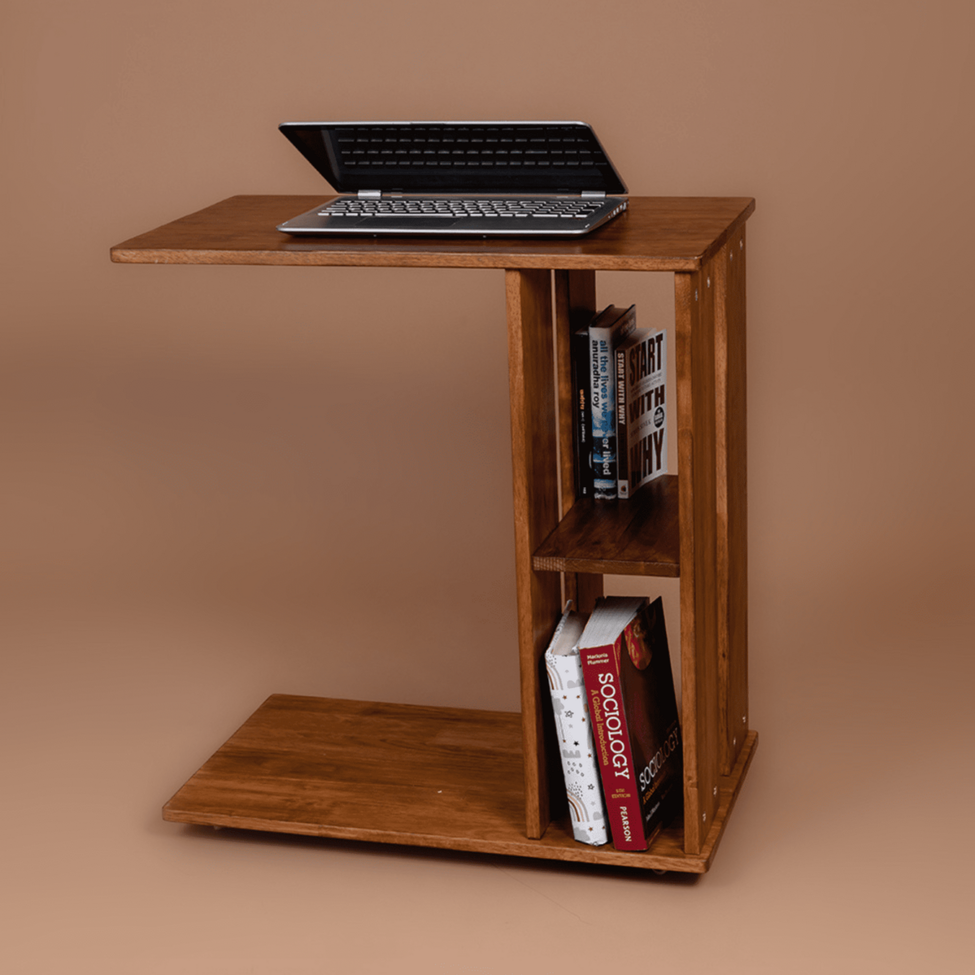 Rover Desk: C-Shaped Portable Solid Wood Side Table with Wheels - Walnut - Wood Trendz
