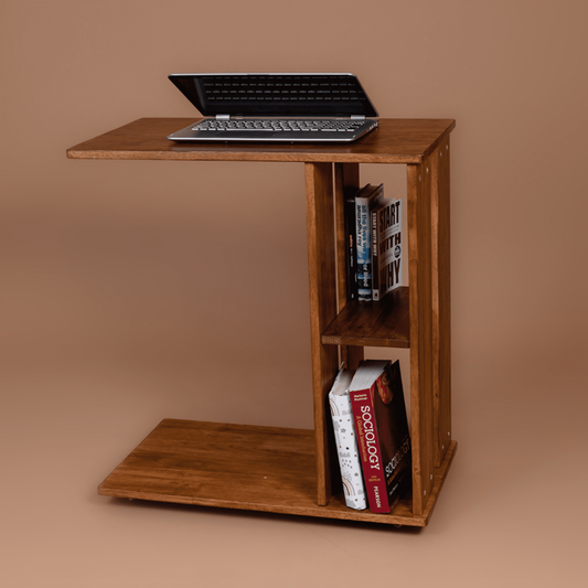 Rover Desk: C-Shaped Portable Solid Wood Side Table with Wheels - Walnut - Wood Trendz