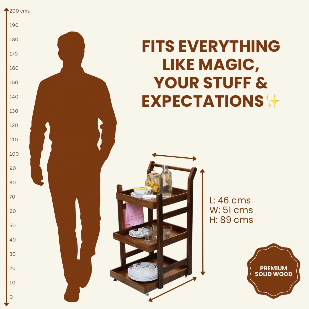 Solid Wood Rolling Utility Trolley: 3-Level Wooden Serving Trolley for Kitchen Organization - Walnut Finish - Wood Trendz