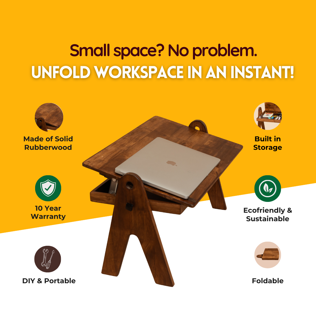 FlexiDesk - Foldable Laptop Table | Solid Wood & Adjustable with storage - Walnut Finish - Wood Trendz