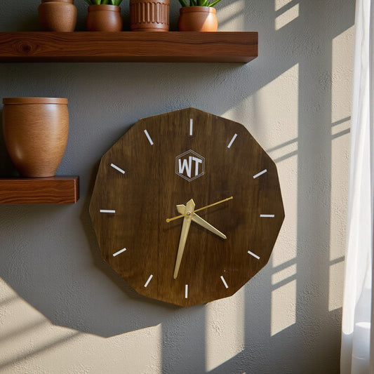 12-Sided Wooden Wall Clock – Geometric Dodecagon Design