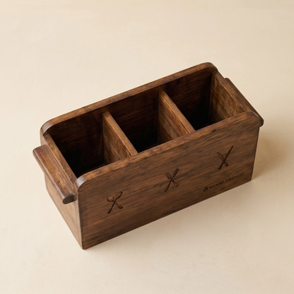 Wooden Cutlery Holder – 3-Compartment Solid Rubberwood Organizer