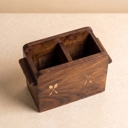 Wooden Cutlery Holder – Solid Rubberwood 2-Compartment Organizer