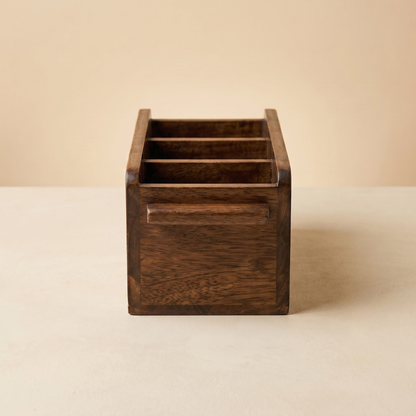 Wooden Cutlery Holder – 3-Compartment Solid Rubberwood Organizer