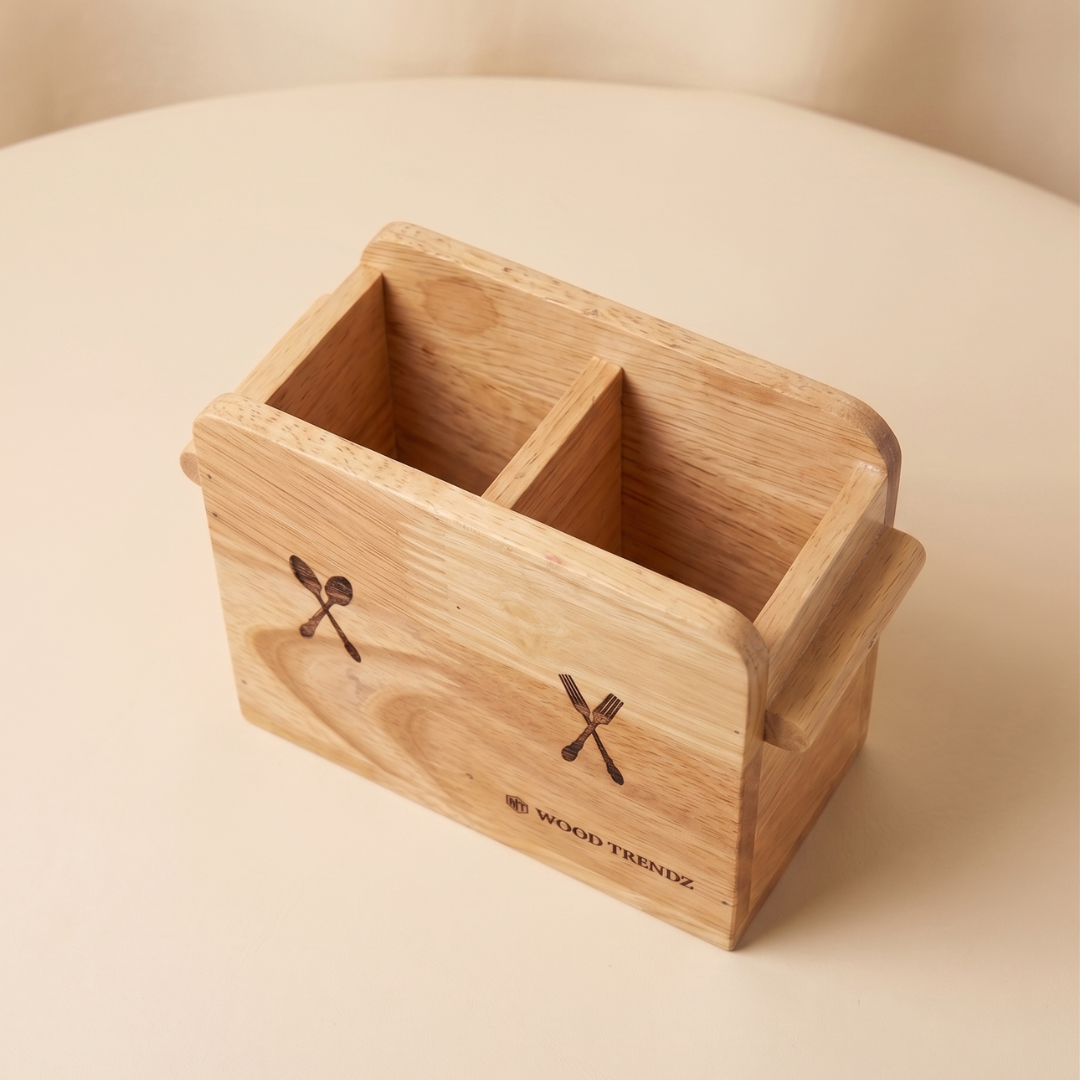 Wooden Cutlery Holder – Solid Rubberwood 2-Compartment Organizer