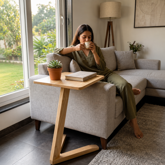 Solid Rubberwood Mini End Table | Compact Square Tabletop with Angled Legs