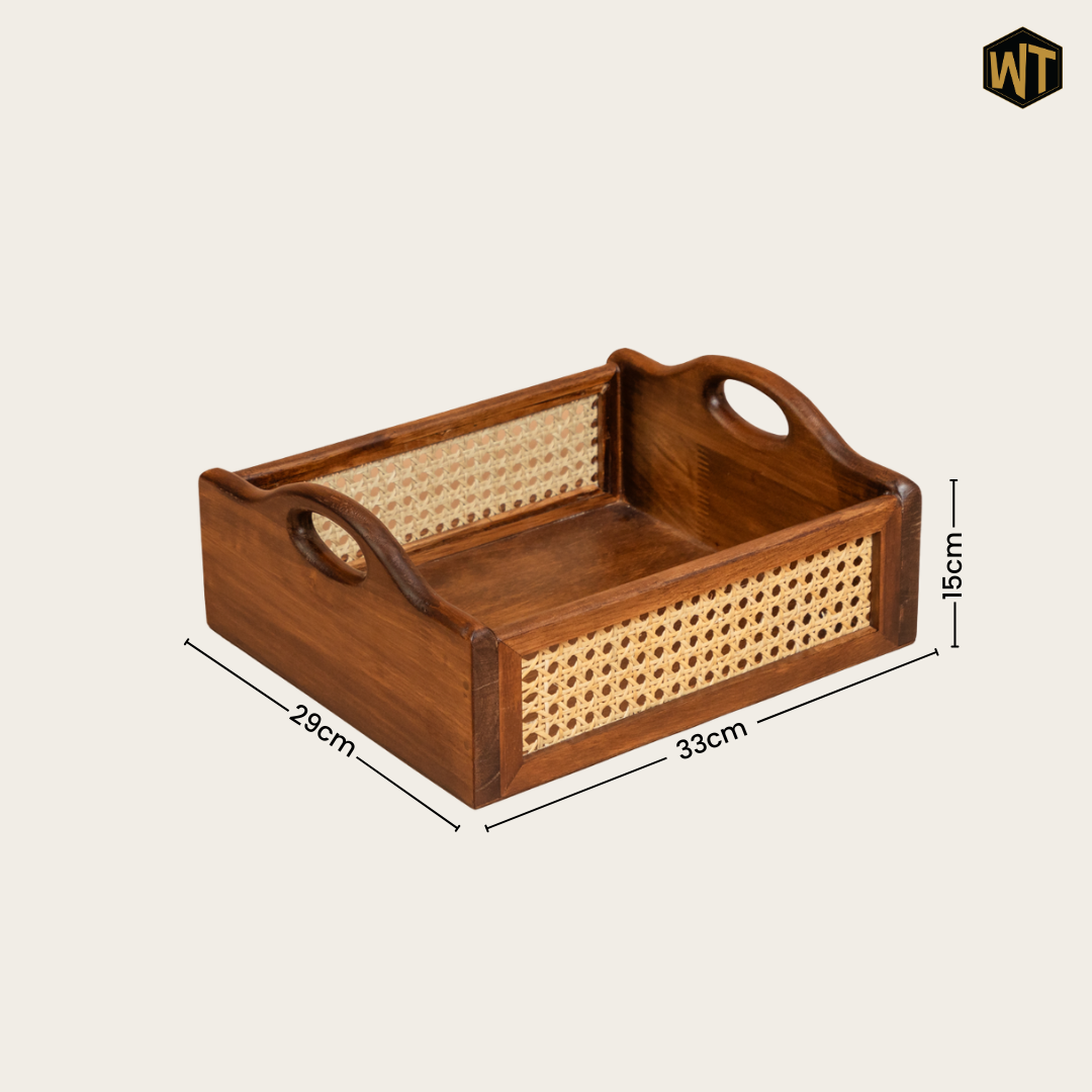 Solid Wood and Rattan Wicker Storage Basket with Round Handle - Walnut