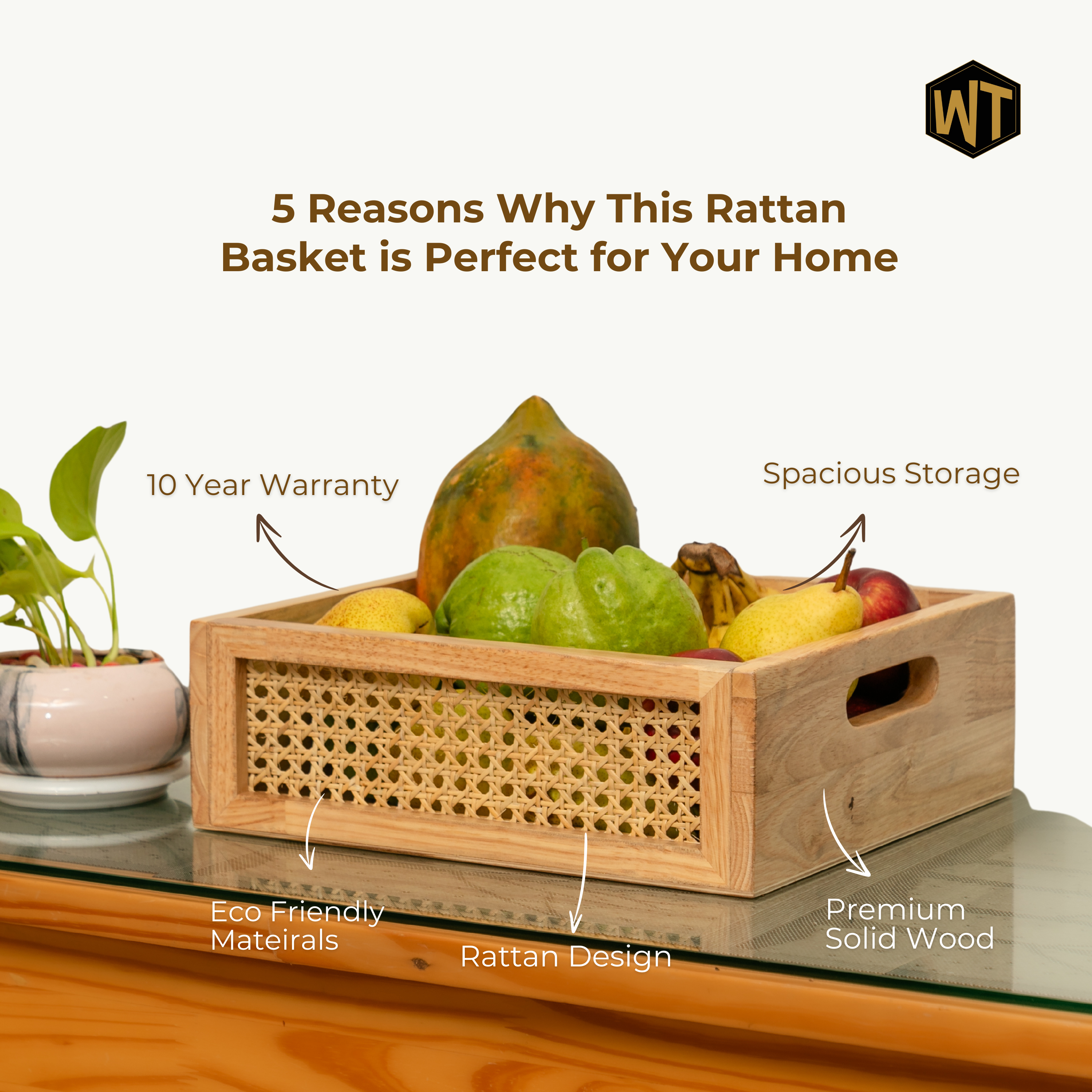 Rattan Storage Basket: Solid Wood Basket - Natural