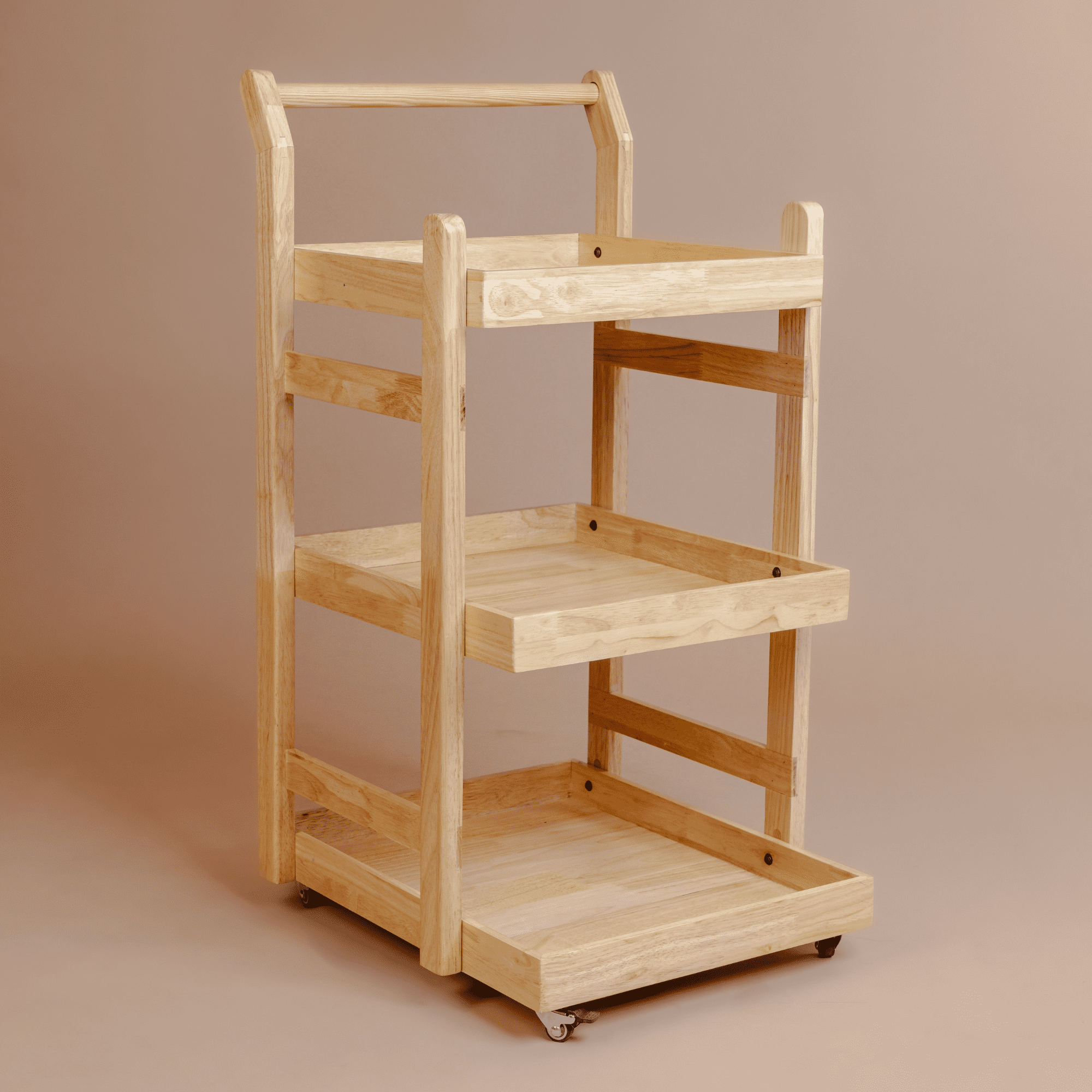 Solid Wood Rolling Utility Trolley: 3-Level Wooden Serving Trolley for Kitchen Organization - Natural Finish