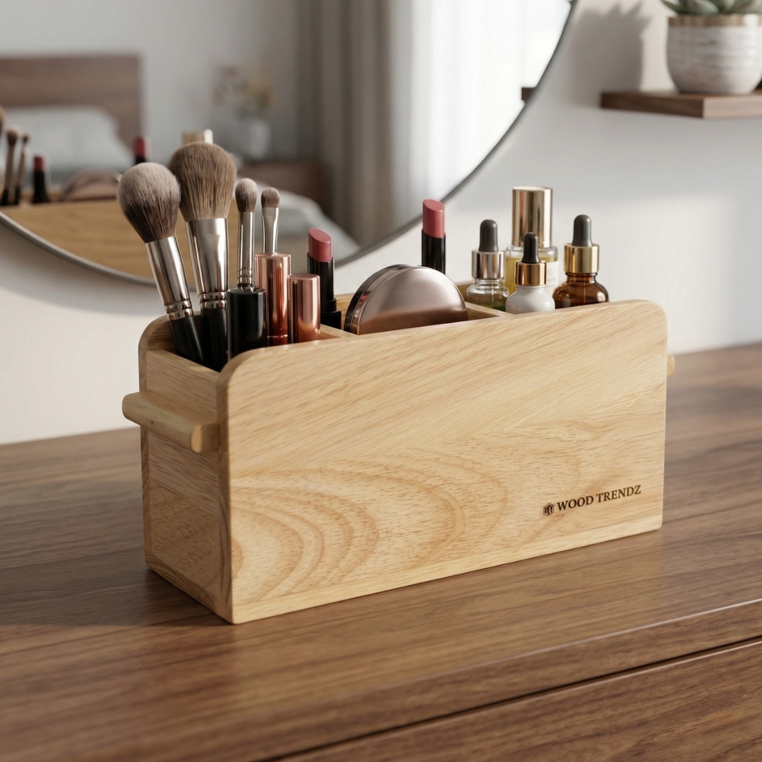 Wooden Cutlery Holder – 3-Compartment Solid Rubberwood Organizer