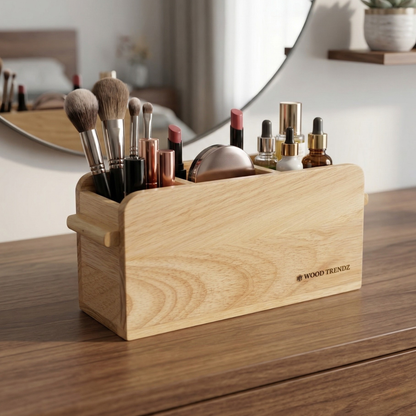 Wooden Cutlery Holder – 3-Compartment Solid Rubberwood Organizer