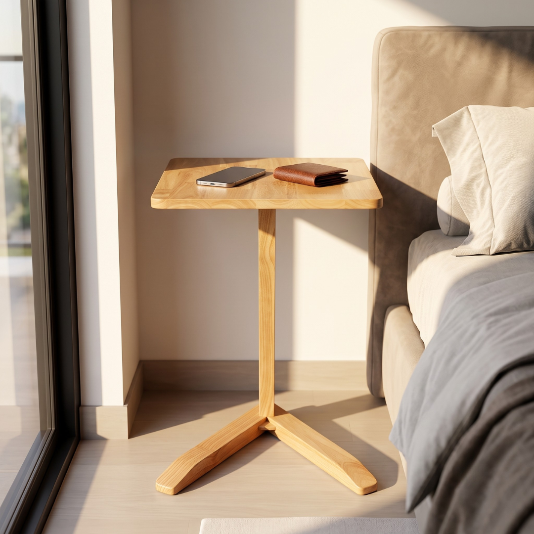 Solid Rubberwood Mini End Table | Compact Square Tabletop with Angled Legs