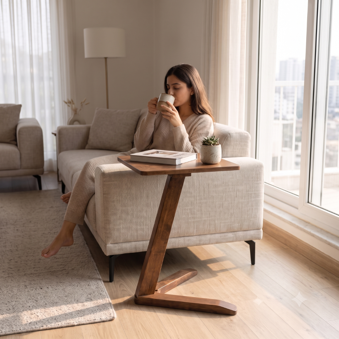 Solid Rubberwood Mini End Table | Compact Square Tabletop with Angled Legs